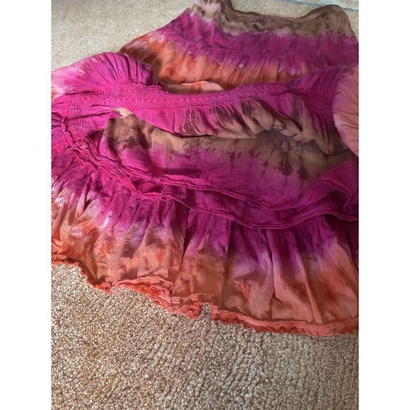 Boho Crinkle Skirt Pink Orange Brown Tiered Crochet Hem Lined - Picture 5 of 5